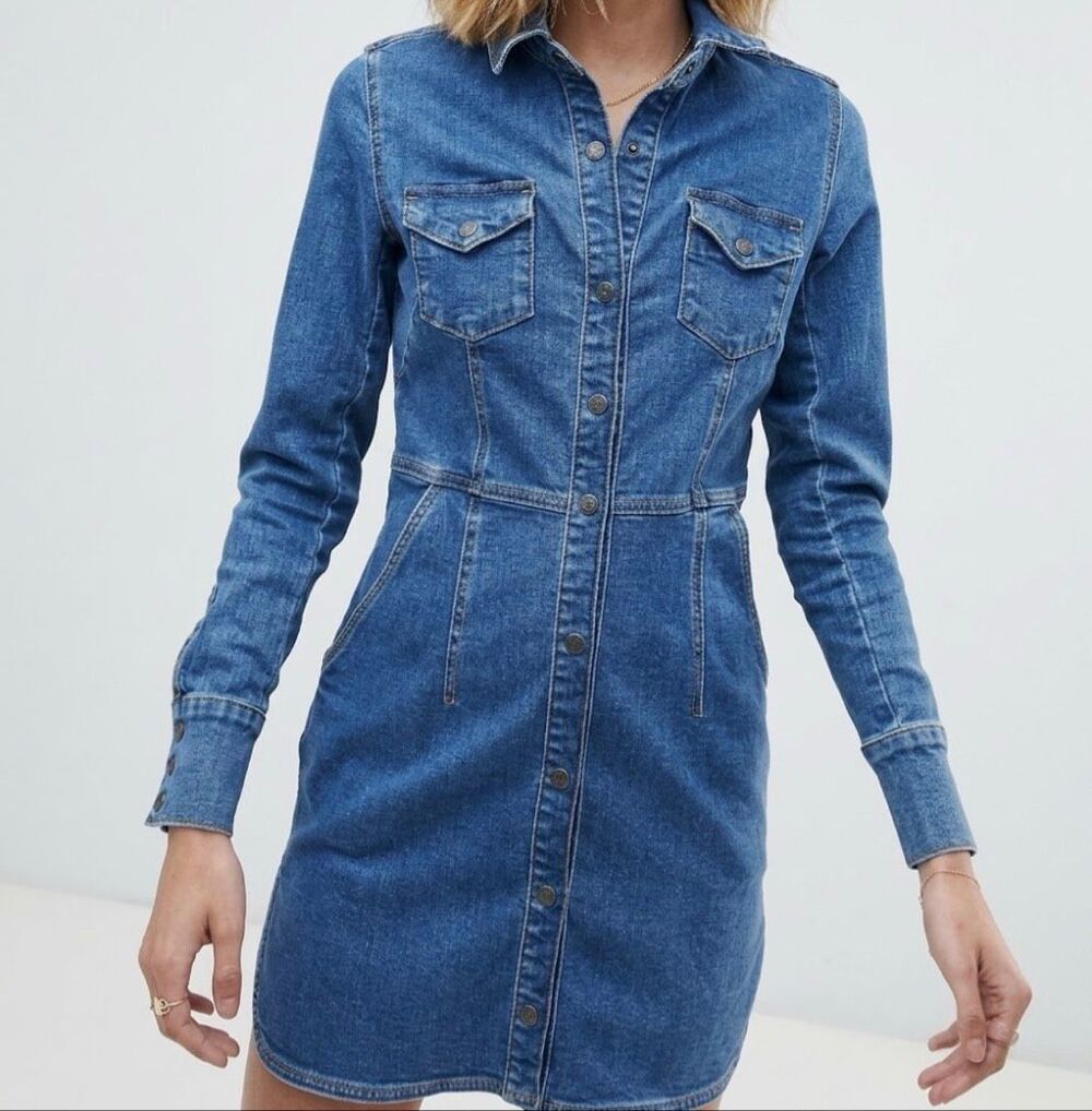 Free People Blue Denim Snap Front Long Sleeve Mini Shirt Dress Western Y2K Small